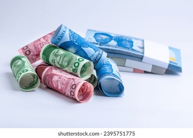 A wad, stack of rolled up and bundle of Nigerian currency notes, Naira