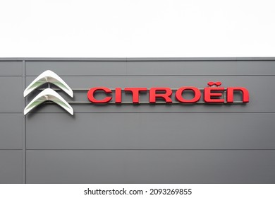 Waddinxveen, Netherlands - December 2021: Logo And Name Of Car Company Citroën At The Top Of A Building.