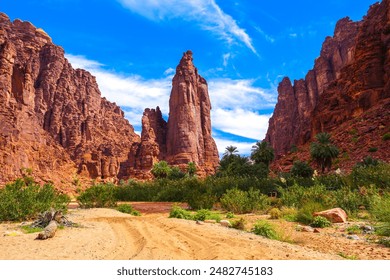 Wadi Disah in Saudi Arabia, a breathtaking valley of rugged cliffs, lush greenery and running rivers. Known for its stunning landscapes and natural beauty, perfect for outdoor enthusiasts. - Powered by Shutterstock