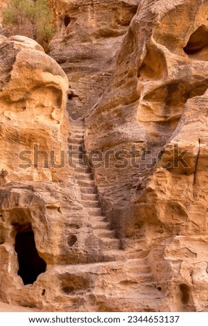 Wadi Musa, Jordan rocks and staircase view at Little Petra, Siq al-Barid
