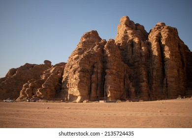Wadi Rum Desert at Jordan. Beautiful desert with mountains, hills and cliffs.  Famous touristic attraction of Jordan.