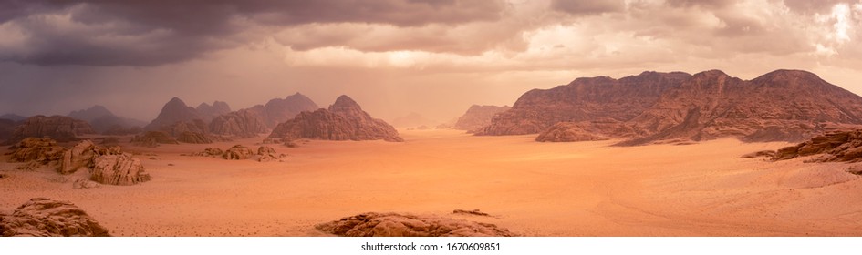 Wadi Rum desert in Jordan under dramtic rain and storm clouds. Panorama picture.  - Powered by Shutterstock