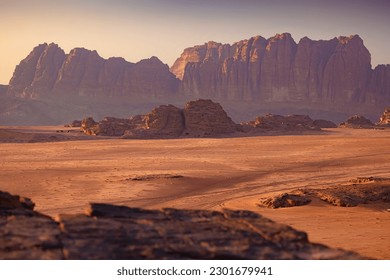 Wadi Rum in Jordan. Beautiful desert at sunset.  - Shutterstock ID 2301679941