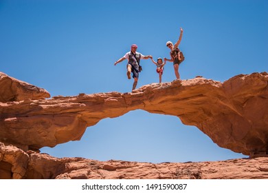 Wadi Rum, Jordan, July 20, 2019, Happy Family Enjoying Great View In Desert Wadi Rum