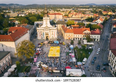 WADOWICE, POLAND - 8 AUGUST 2020: Food truck rally, fast food party in wadowice poland aerial drone photo view