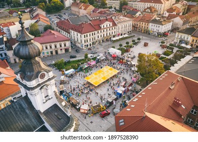 WADOWICE, POLAND - 8 AUGUST 2020: Food truck rally, fast food party in wadowice poland aerial drone photo view