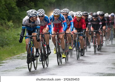 WADROZE, POLAND - MAY 13, 2014: Cyclists Compete In The First Tour Of Visegrad 4 Bicycle Race.