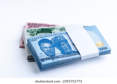 Wads, bundle of Nigerian Naira notes on a white background