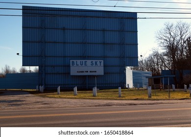 Wadsworth, Ohio / USA - 2-19-2020: Exterior Of The Blue Sky Drive In Movie Theater Sign For Cars To Watch Movies At Night Currently Closed For The Winter Season Approximately 1 Of 321 Remaining In USA