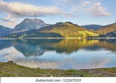 Waegitalersee, Lake in Switzerland, Sunset and Waterfall