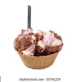 A Wafer Bowl Of Neapolitan Ice Cream, Isolated Against A White Background.