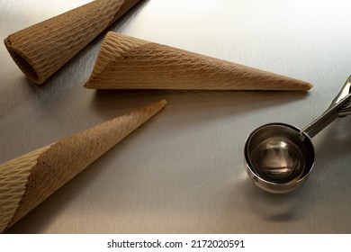 Wafer Ice Cream Cones With An Ice Cream Scooper