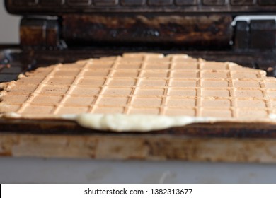 Wafer Ready Golden Color Lies On The Open Surface Of The Old Waffle Iron Pink Delicious Waffle