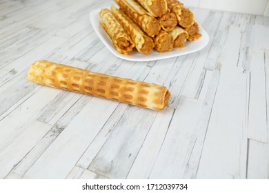 Wafer Rolls With Condensed Milk. Thin And Crispy Waffle 