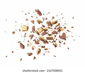Wafers are explosive into pieces, with a chocolate splash isolated on a white background