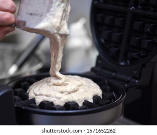 Waffle Batter Poured Into Waffle Iron