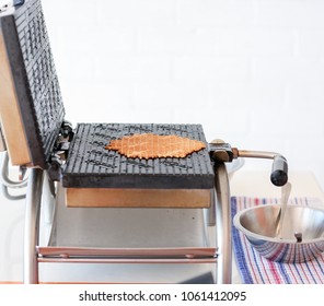 Waffle Cone Being Fried On Waffle Maker