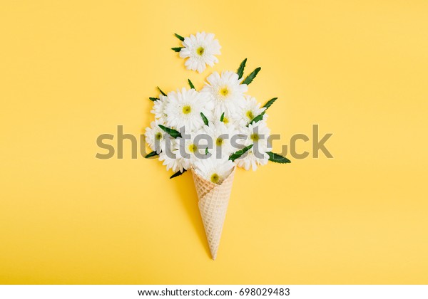 黄色い背景にワッフルコーンとカモミール花束 平面図の花柄の背景に平坦なレイ の写真素材 今すぐ編集 698029483