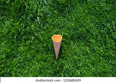 Waffle Cone For Ice Cream Fell On The Lawn Alone In The Center Of The Frame