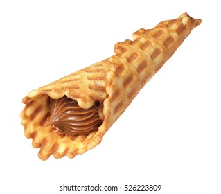 Waffle Cones With Condensed Milk Isolated On White Background