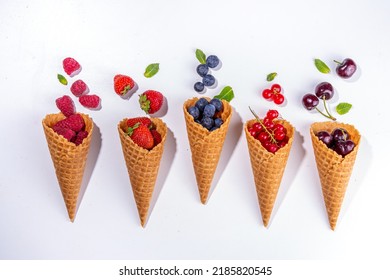 Waffle Cones With Fresh Summer Berries. Berry Gelato, Ice Cream Concept With Raspberry, Strawberry,  Blueberry, Cherry, Currant In Waffle Cones On A White Background