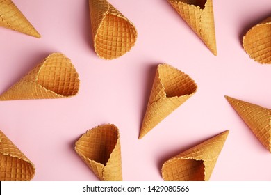 Waffle Empty Ice Cream Cones On Color Background, Flat Lay