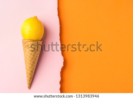 Waffle ice cream cone with fresh lemon on dutone pink orange paper background with torn edge. Styled image mockup flyer poster template for cafe menu collage elements artwork text lettering. Funky