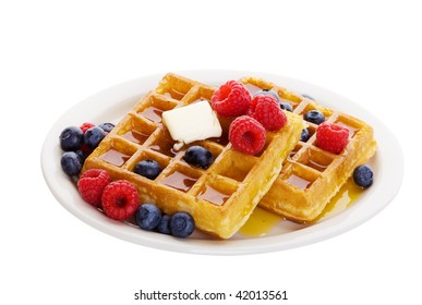 Waffles With Mixed Fruit And Maple Syrup