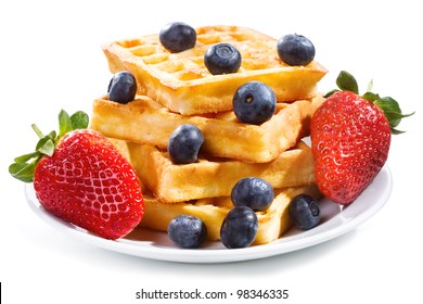 Waffles With Strawberry And Blueberry On White Background