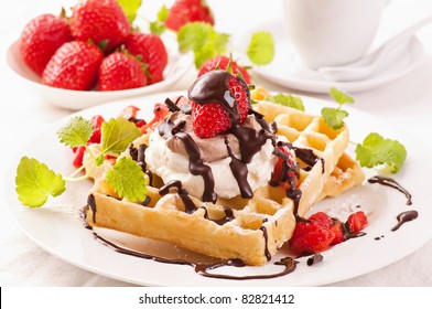 Waffles With Strawberry Dessert