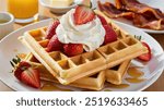 Waffles with Whipped Cream: Crisp, golden waffles topped with fluffy whipped cream and a drizzle of sweet maple syrup, served alongside fresh berries for a perfect brunch treat.