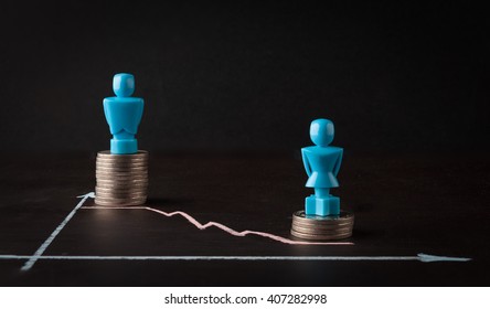 Wage Gap And Gender Equality Concept Depicted With Male And Female Figurines Standing On Top Of Coin Piles And Line Graph