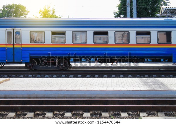 wagon of a passenger train close-up, railway,\
horizontal view