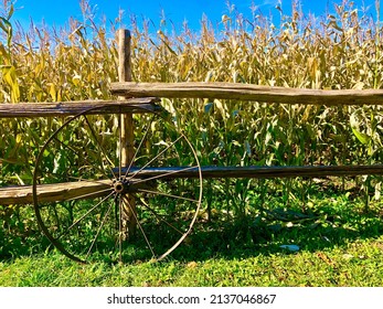 Wagon wheel outside of a fall corn field 