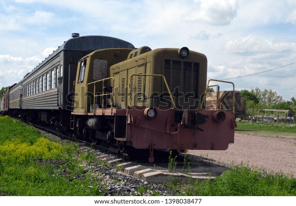 Wagons for solid-fuel rockets with climate\
control and support. The appearance of ordinary passenger cars and\
refrigerators. Museum of Soviet Strategic Nuclear Forces.POBUGSKOE,\
UKRAINE - May14,2019