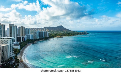 Waikiki Beach and Diamond Head Crater including the hotels and buildings in Waikiki, Honolulu, Oahu island, Hawaii. Waikiki Beach in the center of Honolulu has the largest number of visitors in Hawaii