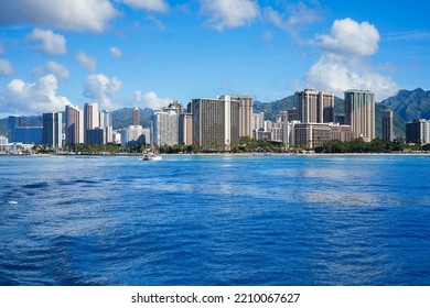 Waikiki Beach Seen From A Boat Off Honolulu In Hawaii - Modern American City On A Volcanic Island In The Middle Of The Pacific Ocean