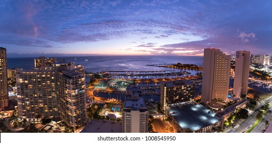 Waikiki City Lights At Sunset Including Views Of The Ala Wai Small Boat Harbor, Magic Island, Hilton Hawaiian Village, Ilikai Hotel, Modern Honolulu, And Prince Hotel Honolulu