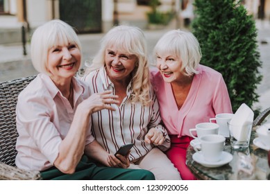 Waist Up Photo Of White-haired Females. Smiling Older Women Resting On The Couch