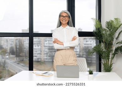 Waist up portrait view of charming positive mature elderly business woman wearing stylish eyeglasses and smart casual attire. Senior confident grey-haired lady looking at the camera - Powered by Shutterstock