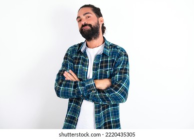 Waist Up Shot Of  Self Confident MODEL Has Broad Smile, Crosses Arms, Happy To Meet With Colleagues.