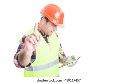 Wait A Minute Concept With Constructor Holding Tablet And Reading Something Isolated On White Background