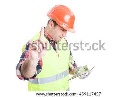 Wait a minute concept with constructor holding tablet and reading something isolated on white background