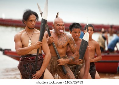 Waitangi, New Zeland, North Island, 02-06-2017,Maori Warriors With Tatoos, Celebrating Waitangi Day, The Anniversary Of The Treaty Of Waitangi Between The British Government And The Maori