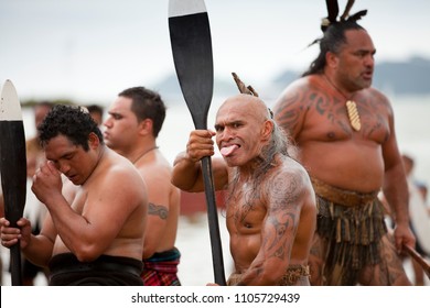 Waitangi, New Zeland, North Island, 02-06-2017,Maori Warriors With Tatoos, Celebrating Waitangi Day, The Anniversary Of The Treaty Of Waitangi Between The British Government And The Maori