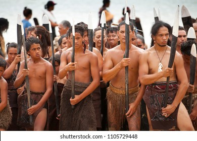 Waitangi, New Zeland, North Island, 02-06-2017,Maori Warriors With Tatoos, Celebrating Waitangi Day, The Anniversary Of The Treaty Of Waitangi Between The British Government And The Maori