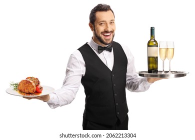 Waiter carrying a plate with steak and a tray with wine isolated on white background - Powered by Shutterstock