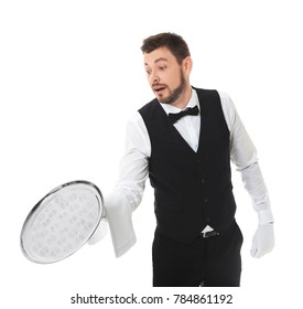 Waiter Dropping Empty Tray Against White Background