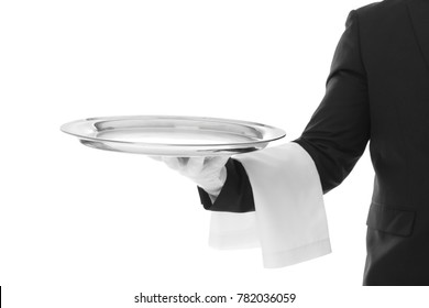 Waiter with empty tray on white background
