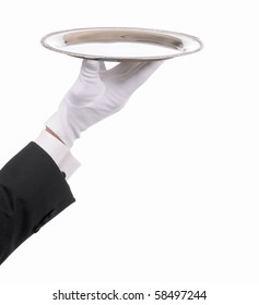 Waiter Hand And Arm With Empty Silver Serving Tray. Closeup Of Arm With Tuxedo Sleeve And Formal White Gloved Hand Isolated On White.